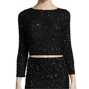 Alice + Olivia Lacey Black Beaded Cropped Sequin Top | Size 0